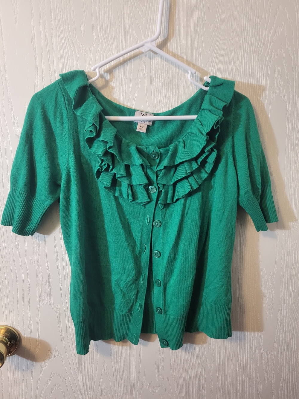 Worthington Green Ruffle-Front Short Sleeve Cardigan